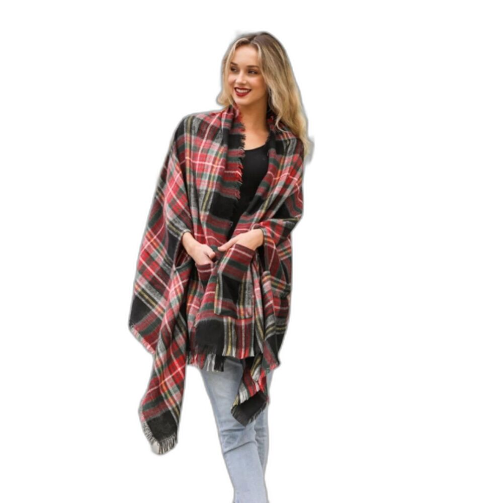 Plaid Pocket Ruana Cozy Wrap for Fall Winter One Size Fits Most Sleeves Pockets